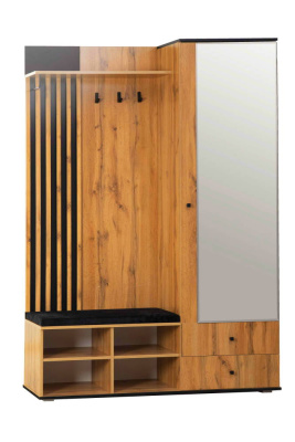 шкаф для прихожей 51.22 Либерти (опора h=20) с зеркалом (дуб вотан / черный / ткань велюр монако черный / профиль Masa Decor дуб вотан / ДВПО белый